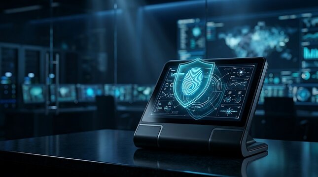 Futuristic security system displaying a holographic fingerprint within a shield on a touch screen monitor in a high-tech control room