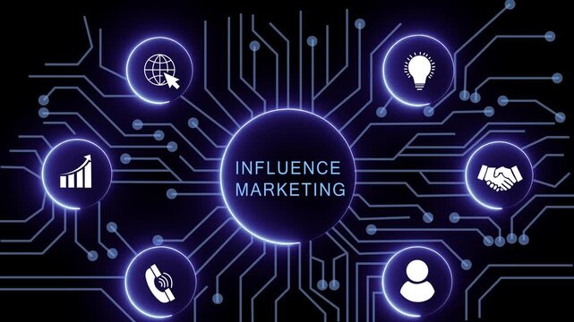 influence marketing concept with circuit lines and digital symbols hovering above a businessman, technology. manufacturing process management all connected in a digital circle like pattern.