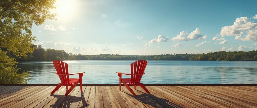 Red Adirondack chairs on a lakeside deck under sunlight