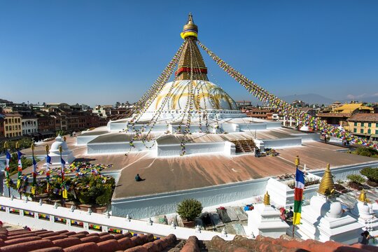 Boudhanath stupa prayer flags Kathmandu buddhism Nepal