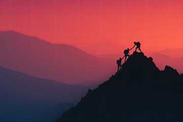 Fototapeta premium Silhouettes of Climbers Reaching Mountain Summit at Sunset.