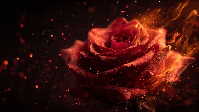 Dramatic burning red rose engulfed in flames and glowing sparks on a dark background
