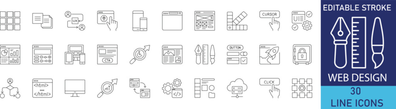 Web design icon set. Minimalistic linear icons representing website development, user interface, layout layout, responsive design, and digital wireframing.