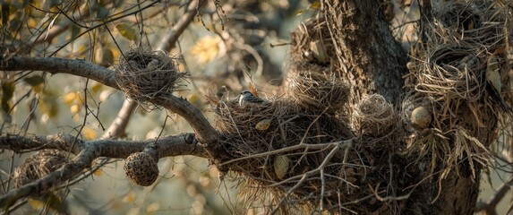 Obraz premium Various shaped nests built by birds in a single tree