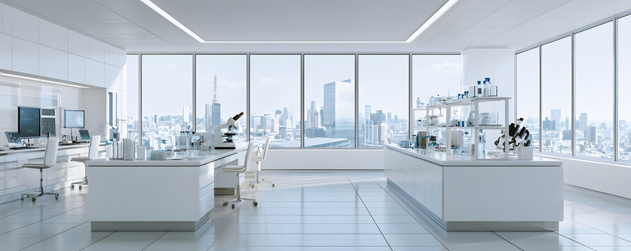 A contemporary sterile research lab equipped with state-of-the-art technology and featuring a city vista, the interior is clean and white, providing ample space for scientific experiments, analysis, t