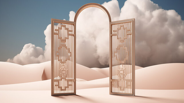 Traditional arched gate with intricate latticework design standing in a serene desert landscape with white puffy clouds traditional entrance minimalist