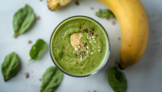 Green smoothie with banana and nuts on a marble background