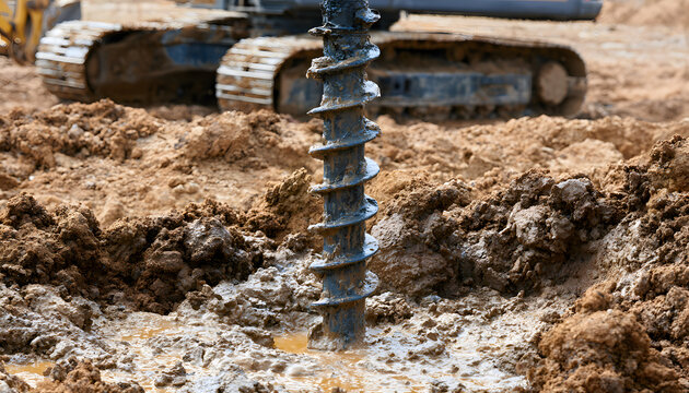 Screw pile is being drilled into wet soil for the foundation. Heavy equipment operates on the construction site. Earthwork process is for building support