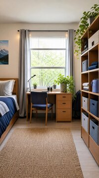 Modern organized college dorm room interior