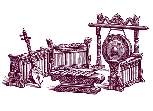 Traditional gamelan instruments with gong and carved wooden frames, retro engraving illustration