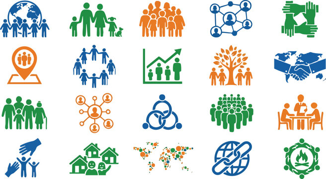 Community Development and Population Concept Icons Pack Vector