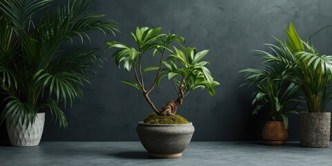 Fototapeta premium Kokedama greenery arrangement in a sleek studio background complemented by natural decor and lush plants