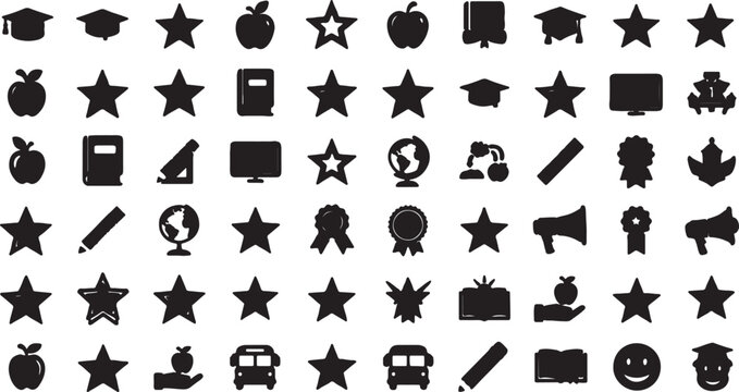 Graphic collection of back to school silhouette icons featuring stars and classroom equipment education classroom supplies stationery learning graduation elements graphics academic