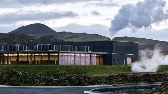 A massive cooling facility for a green data center in Iceland nestles against volcanic rock terrain, with rows of modular server units visible through large industrial windows, while geothermal steam 