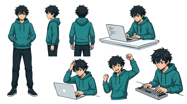 Anime boy character set in various poses with a laptop showing different emotions and actions.