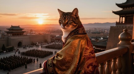 Obraz premium Tabby cat in golden robe watches army gathering in ancient city at sunset. Feline leader gazes over imperial courtyard from balcony. Majestic animal overlooks oriental architecture. Epic fantasy