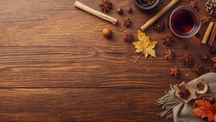 Obraz premium Rich mulled wine and spice elements on warm wooden surface including copy space