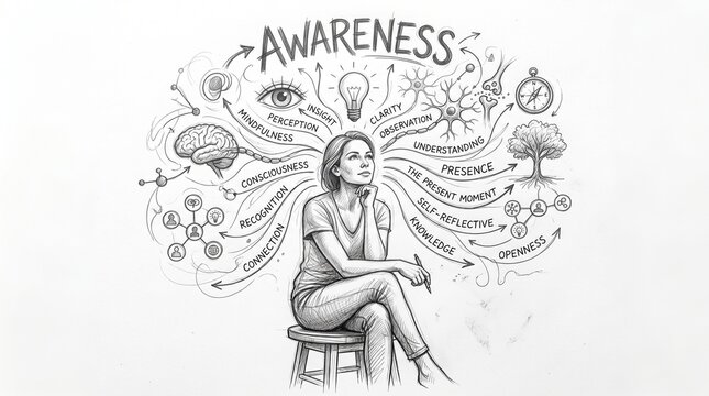 Mental awareness concept illustration, hand-drawn pencil sketch of a woman with mindfulness icons, psychological consciousness and self-reflection diagram