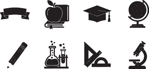 Fototapeta premium Set of black and white school and education icons including graduation cap globe and science tools with education learning graduation academic knowledge university classroom chemistry