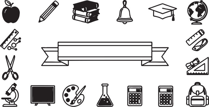 Education and school themed banner with surrounding icons of supplies and classroom objects education learning academic knowledge supplies stationery classroom chemistry teaching