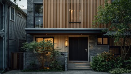 Fototapeta premium Modern house facade with wooden slats and greenery