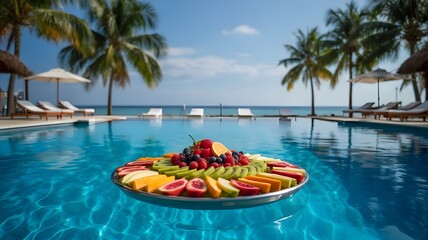 Obraz premium Fresh fruit platter floating in tropical resort pool