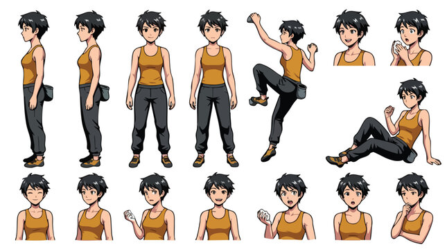 Anime girl character sheet with various poses and expressions.