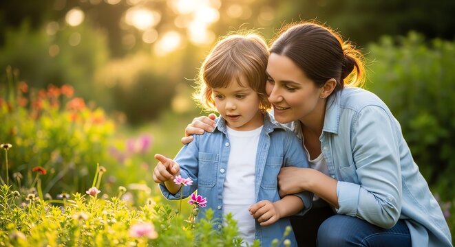 Mother and child in garden with pink flowers at golden hour