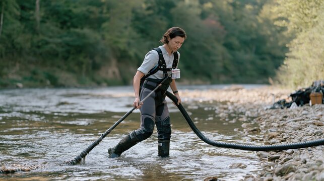 Environmental Researcher Collecting River Samples During Field Water Analysis