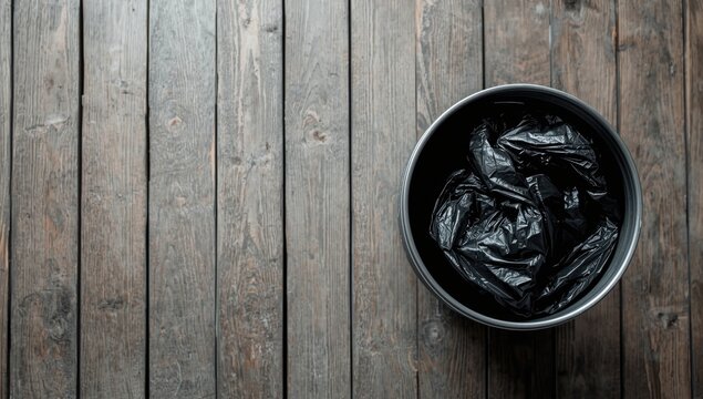 Wooden surface showing empty garbage can with rubbish black bag inside