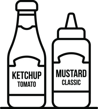 Labeled ketchup and mustard bottles vector icon with line art, black and white
