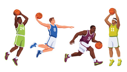 Dynamic male basketball players collection performing athletic game actions. Jump shot, flying slam dunk, fast dribble, jersey uniforms with numbers, flat vector illustration. © Mahamuda Studio 