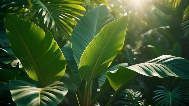 Large green tropical jungle leaves.
