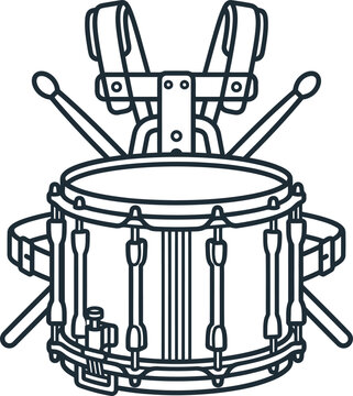 Marching drum with sticks vector icon line art snare drum black and white