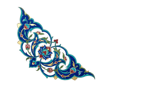 Islamic floral corner ornament, traditional Persian arabesque pattern in blue and gold, elegant oriental decorative border element for invitation design