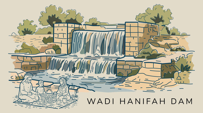 Vector sketch of Arab family picnicking near Wadi Hanifah Dam waterfall in Saudi Arabia. Perfect for travel, culture, and nature designs.