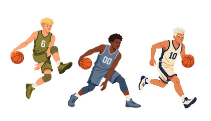 Obraz premium Dynamic basketball players collection performing fast game movements. Running, dribbling ball, jersey uniform with numbers, knee pads, sneakers, flat vector illustration.