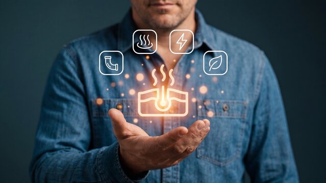 Man holding glowing underfloor heating icon with pipe, heat, lightning and leaf symbols representing radiant floor heating system, energy efficient home temperature control concept