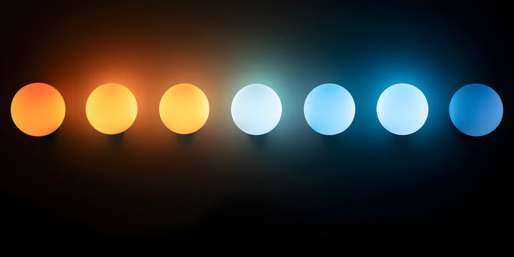 Row of round lights or lamps with different kelvin color temperatures from warm orange to cool blue on a dark background, flat lay, top view from above