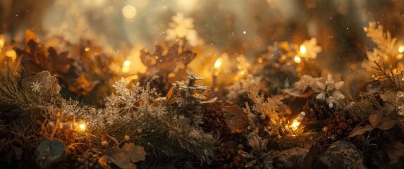 Fototapeta premium Seasonal gathering scene decorated with amber lights and snowflakes highlighting grassy and wooden elements