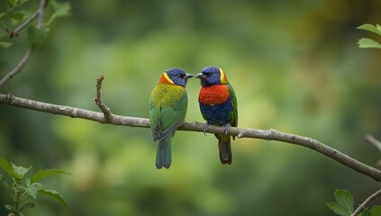Obraz premium Two colorful birds perched closely on a tree branch