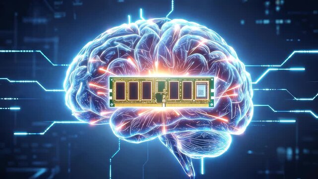 Computer memory module integrated into glowing human brain. Artificial intelligence and neural network concept. Lockdown shot.