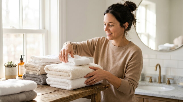 Woman organizing towels on wooden table in bright bathroom with natural light. Neatly folded towels in soft colors create a serene atmosphere while enhancing home decor.