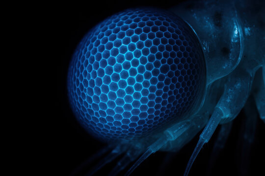 Macro deep sea amphipod crustacean compound eye showing hexagonal lens structure in stunning detail with glowing blue light against dark abyss background scientific underwater style