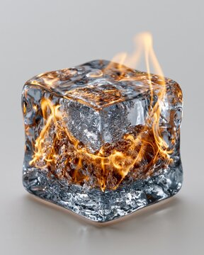 Burning ice cube with orange flame on gray background, surreal clear cube with fire and cold contrast