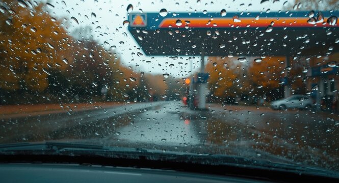 Rain droplets on car windshield with colorful autumn leaves and blurred gas station background