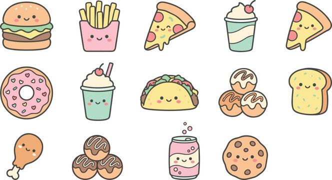 Cute Kawaii Fast Food Vector Illustration Set with Smiling Burger, Pizza, Taco, and Sweet Desserts for Stickers, Patterns, and Creative Graphic Designs
