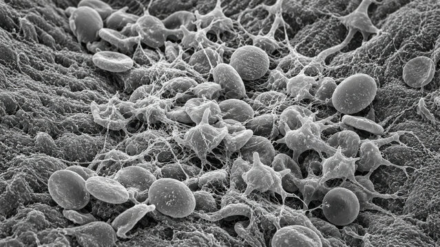 Scanning electron microscopy of platelet aggregation on damaged vessel wall, showing discoid and activated stellate forms with fibrin strand network