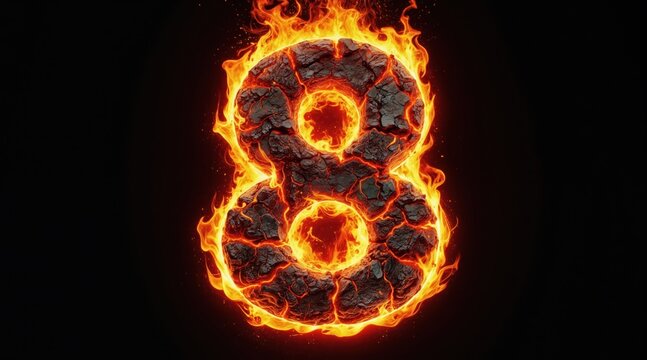 Burning number eight in lava rock with bright orange flames. Intense heat and glowing embers create dynamic fiery texture against dark background.