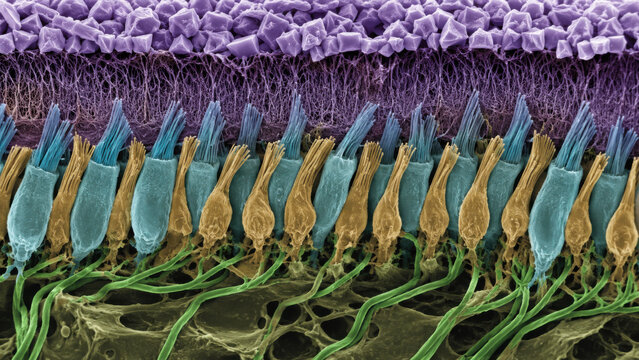 Colorful scanning electron micrograph of vestibular hair cell distribution, showing otolith crystal layer above gelatinous membrane surface in false color